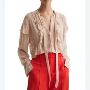 Reiss Winnie Ruffled Sheer Blouse Blush Pink Nude Size 4